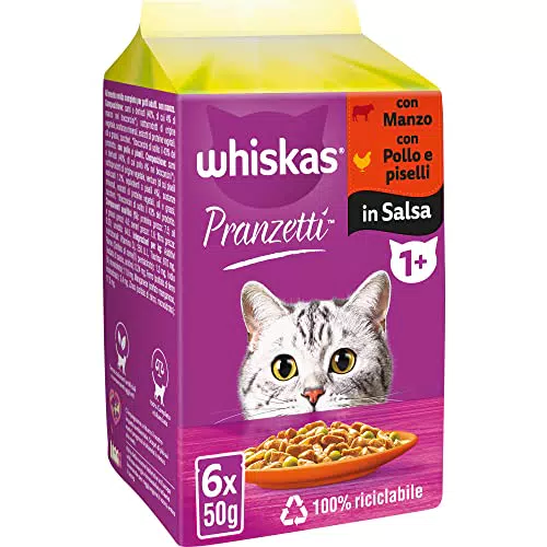 Whiskas Pranzetti Carni e Verdure 1+ Adulto, Cibo Umido per Gatto, 12 Confezioni ognuna da 6 bustine x 50g