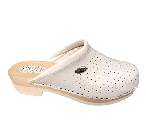 Zoccolo Chiuso Donna Leggero Tomaia Pelle Forata Suola Micro + Legno Tacco 4