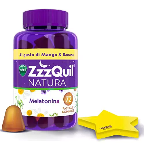 ZzzQuil Natura, Melatonina, Integratore Per Dormire + Foglietti adesivi stella, Gusto Mango e Banana