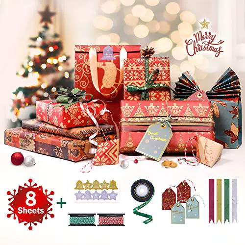 8 Fogli di Carta da Regalo Natalizia da 70x50cm con 1 Rotolo di Nastro Natalizio
