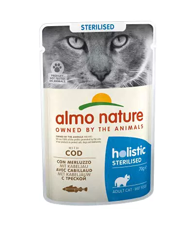 Almo Nature Holistic Sterilised, Cibo umido completo per gatti adulti, Con Merluzzo, Confezione da 30 x 70 g