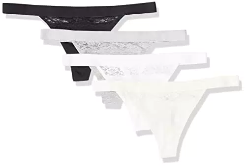 Amazon Essentials Intimo Perizoma in Cotone e Pizzo Donna, Pacco da 4, Nero/Rosa/Grigio Chiaro Mélange, 44