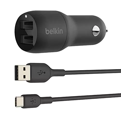 Belkin Boost Charge Doppio Caricabatteria da Auto USB da 24 W + Cavo da USB-A a USB-C
