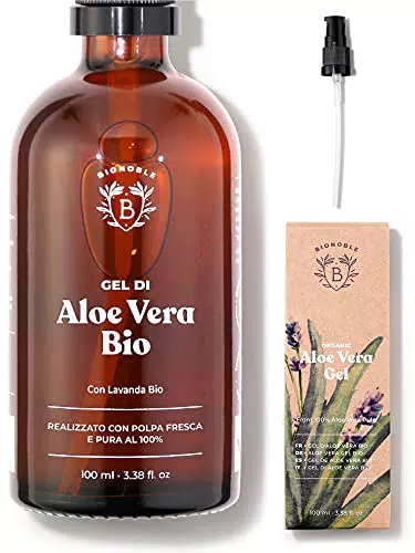Bionoble Aloe Vera Gel Puro Bio 100ml - Realizzato con Polpa di Aloe Vera Fresca e Pura al 100% e con Lavanda Bio - Senza Xantano - Viso