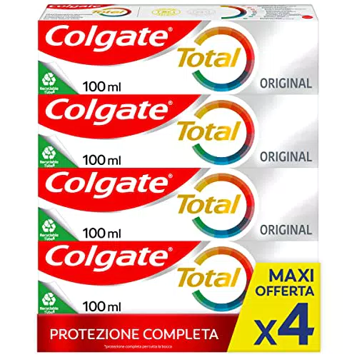 Colgate Dentifricio con Ingredienti Antibatterici Total Original 4 Confezioni da 100 ml I 24h di Protezione di Denti