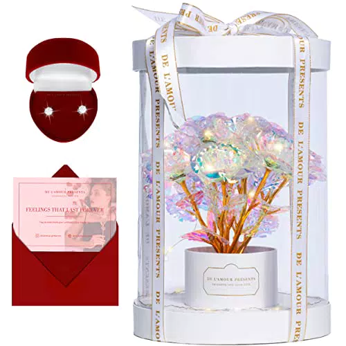 DE L'AMOUR PRESENTS Scatola con rose. Undici rose eterne dorate in una scatola con luci LED e orecchini. Rose eterne