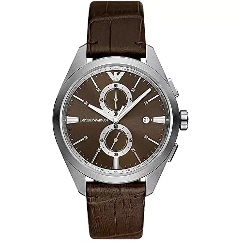 Emporio Armani Orologio Uomo, movimento cronografo, cassa in acciaio inossidabile da 43 mm con cinturino in pelle Pro-Planet