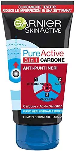 Garnier Maschera Punti Neri, Detergente e Scrub Viso Pure Active Intense 3in1 con Carbone Vegetale