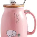 Goevcclei 380ml Tazza gatto in Ceramica con Cucchiaio in Acciaio Inossidabile (Rosa)