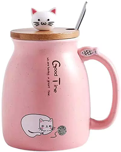 Goevcclei 380ml Tazza gatto in Ceramica con Cucchiaio in Acciaio Inossidabile (Rosa)