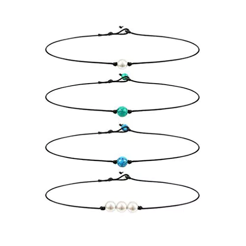 Happyyami - Collana girocollo in pelle, 4 pezzi, con pietre preziose turchesi