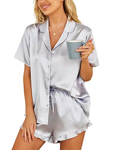 Hotouch Pigiama corto in Raso da Donna Set da 2 Pezzi, argento, L