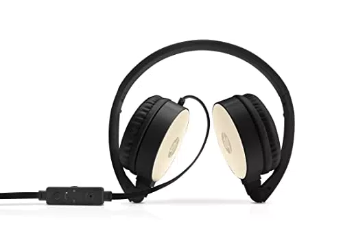HP H2800 Cuffie Cablate, Microfono e Comandi in Linea, Compatibile per Tablet, Smartphone e Computer, Auricolari Morbidi e Imbottiti, Archetto Regolabile, Design Pieghevole con Cavo Piatto, Nero/Oro