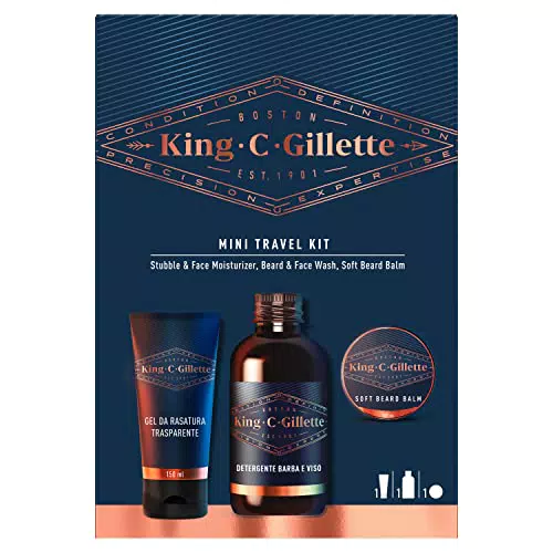 King C. Gillette Mini Kit Da Viaggio Essenziale Per La Cura Della Barba: Crema Idratante Per Barba E Viso 30 ml + Detergente barba e viso 60 ml + Balsamo delicato da barba 25 ml