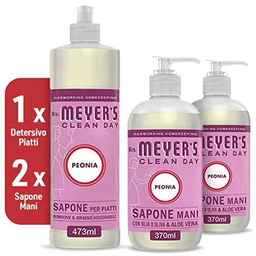 MRS MEYER'S CLEAN DAY 1 Detersivo Piatti + 2 Sapone Liquido Mani, peonia