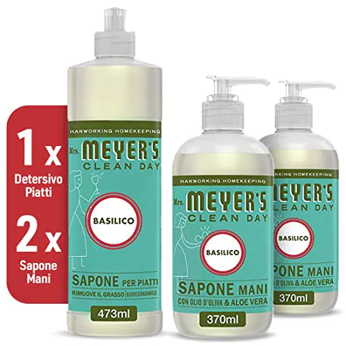MRS MEYER'S CLEAN DAY 1 Detersivo Piatti + 2 Sapone Liquido Mani, basilico