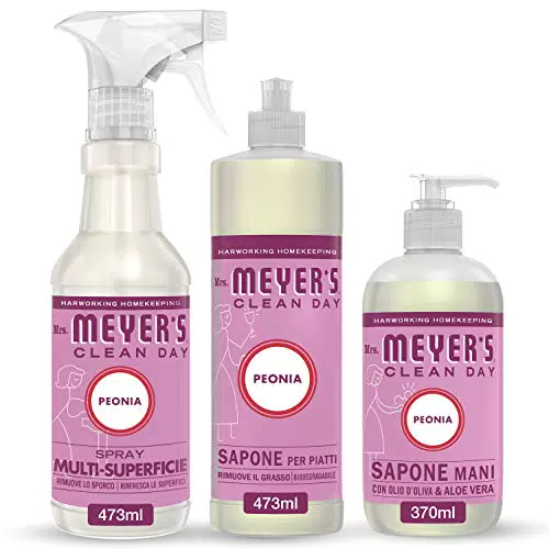 MRS MEYER'S CLEAN DAY 1 Sapone Liquido Mani + 1 Detersivo Piatti + 1 Spray Igienizzante Multisuperficie, peonia