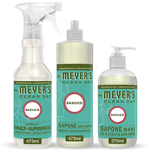 MRS MEYER'S CLEAN DAY 1 Sapone Liquido Mani + 1 Detersivo Piatti + 1 Spray Igienizzante Multisuperficie, basilico