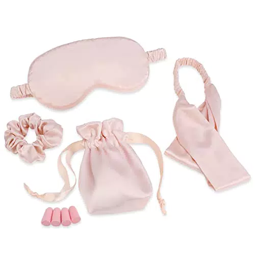 MWOOT Maschera per Dormire di raso con Borsa + Elastici e Fascia per Capelli + Tappi per Orecchie