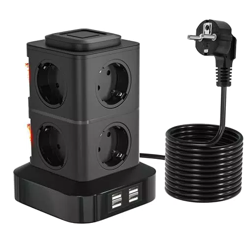 OLEKE Multipresa Verticale Ciabatta Multipresa Torretta 4 porte USB e 8 Prese con 3M di Cavo Prolungato Protezione da Sovratensione e Cortocircuito Torretta Multipresa per Casa e Ufficio 2500W 10A