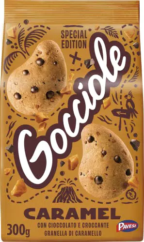 Pavesi Biscotti Frollini Gocciole Caramel, Biscotti da Colazione con Granella di Caramello e Gocce di Cioccolato Fondente