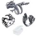 PPX 3 Pezzi Regolabile da Uomo Unisex Forma Drago Cinese e Anello a Piuma Aperta e Anello del Drago Artiglio in Acciaio Inox