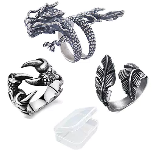 PPX 3 Pezzi Regolabile da Uomo Unisex Forma Drago Cinese e Anello a Piuma Aperta e Anello del Drago Artiglio in Acciaio Inox