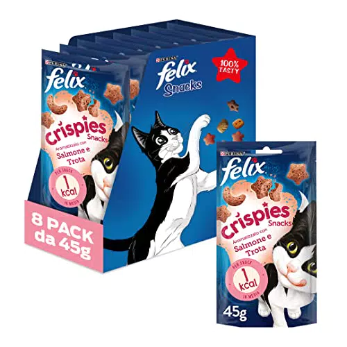 Purina Felix Crispies Snack per Gatti Aromatizzati con Salmone e Trota, 8 Confezioni da 45g