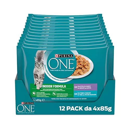 Purina One Indoor Filettini in Salsa Cibo per Gatti Vitello e Tonno, 48 buste