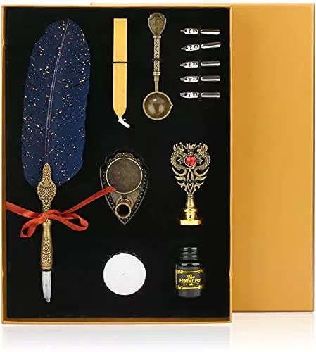 Quill Set di penne con penna inchiostro, set calligrafia con piuma penna immersione per principianti con 5 pennini di ricambio stick per sigillare base pennino timbro di sigillo cera bianca cucchiaio