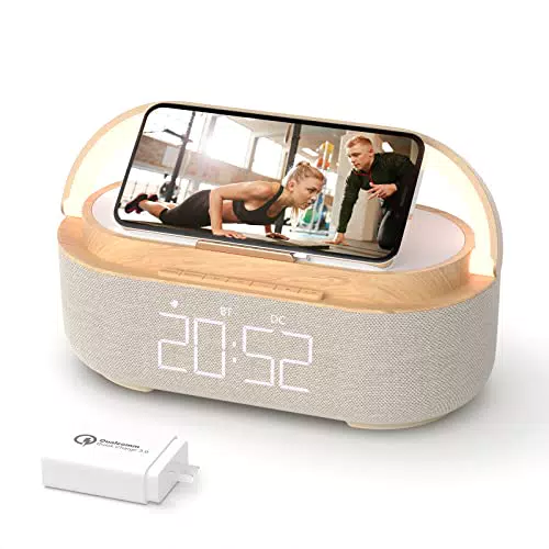 Radiosveglia Digitale con Ricarica Wireless, COLOUR Radio FM Sveglia con Allarme con Timer di Speaker Bluetooth Portatile, Display LED Regolabile