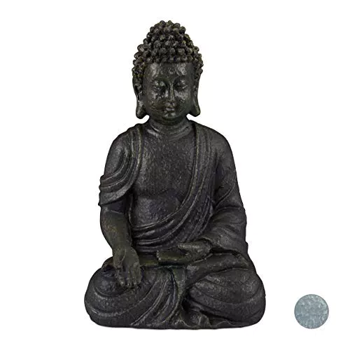Relaxdays, Grigio Scuro Statua Buddha Seduto 18 Cm, per Soggiorno e Bagno