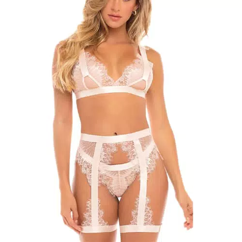 ROSVAY Completo Intimo Donna Sexy Pizzo con Reggicalze, Pigiami Notte(Nero Bianco)(Bianco)