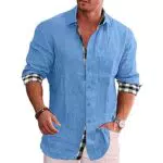 SEGANUP Camicia da Uomo in Cotone con Colletto in Lino e Risvolto Top Casual Business Blu 3XL