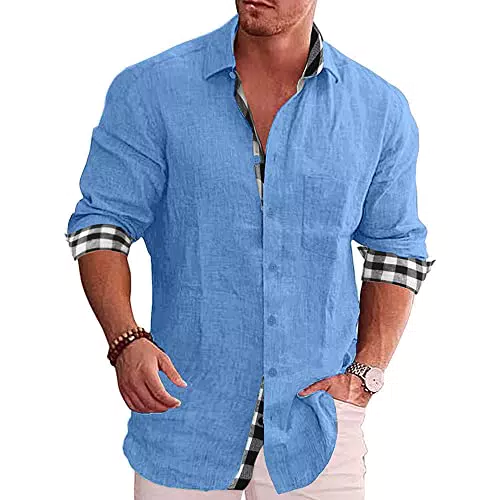 SEGANUP Camicia da Uomo in Cotone con Colletto in Lino e Risvolto Top Casual Business Blu 3XL