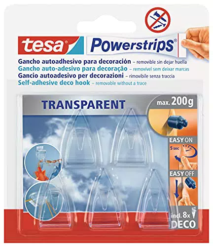 tesa Powerstrips Deco 5 Ganci Trasparenti + 8 Strisce Biadesive Rimovibili