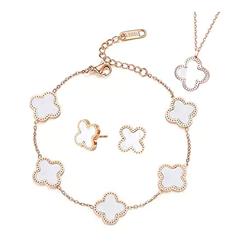 TOFBS Parure da Gioielli con Quadrifoglio: collana, bracciale e orecchini