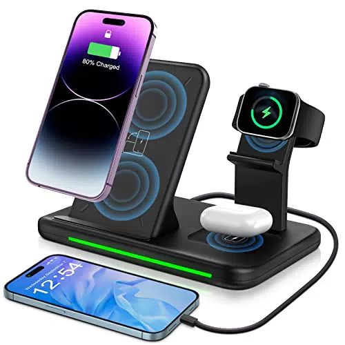 ZOVHYYA 4 in 1 Caricatore Wireless 15W Ricarica Wireless Caricabatterie con adattatore 18W QC 3.0 Senza Fili Conveniente Ordinato Compatibile iPhone Android iWatch AirPods