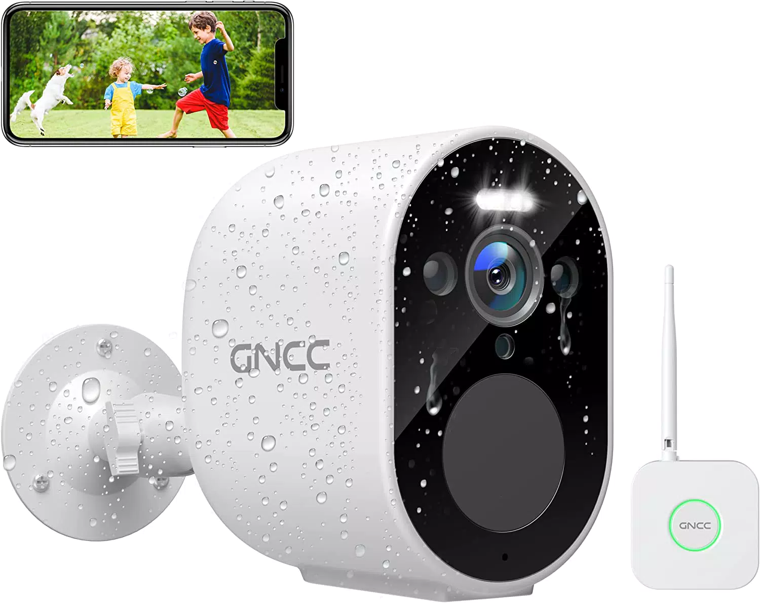 GNCC Kit Videocamera Sorveglianza Batteria FHD, con Visione Notturna e Allarme Sonoro e Luminoso con Hub