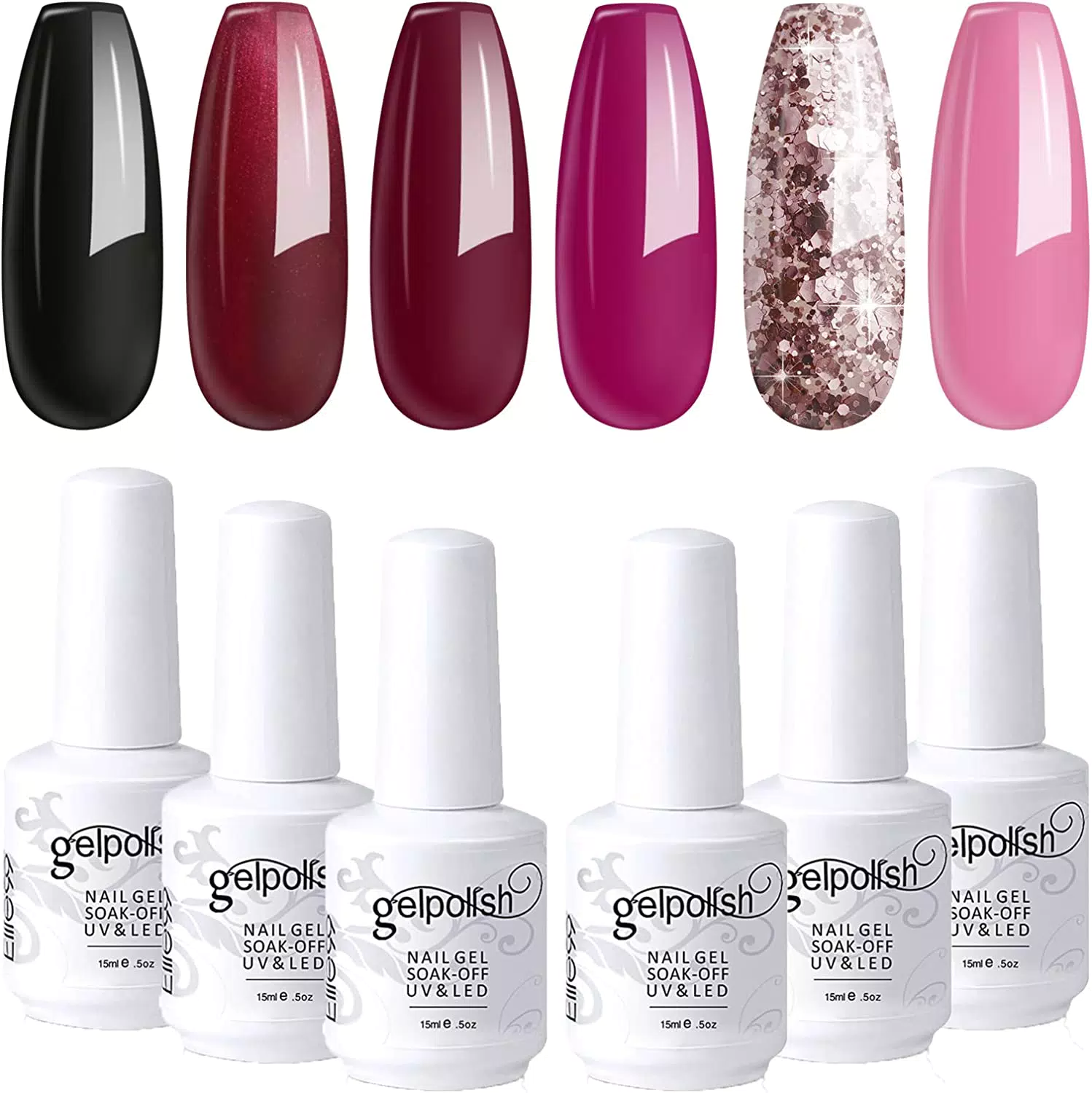 Elite99 Smalto Semipermanente per Unghie Gel UV LED Smalto gel color vino rosso/nero/rosa/oro rosa 6 Colores Gift Set per Manicure Semipermanente Nail Polish Gel Smalti in Gel per Unghie Soak Off 15ml