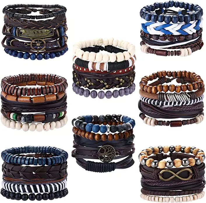 KALVICA 30 Pezzi Braccialetto di Pelle per Uomo Donna Bracciale Intrecciato Albero della Vita Regolabile Bracciale Multistrato Vintage Braccialetto di Perline di Legno