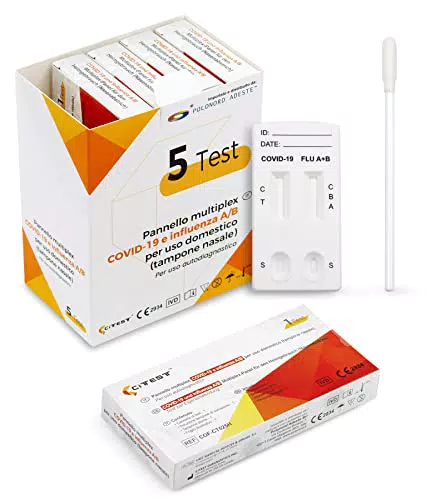 Adeste - Influenza o COVID 19 Tamponi Rapidi Nasali, Confezione da 5 Inscatolati Singolarmente