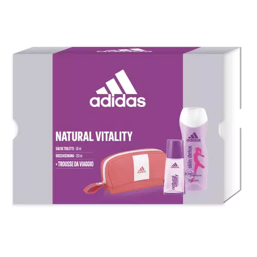 Adidas, Confezione Regalo Donna Natural Vitality, Profumo Donna 30 ml e Skin Detox Gel Doccia Bagnoschiuma 250 ml e Pochette