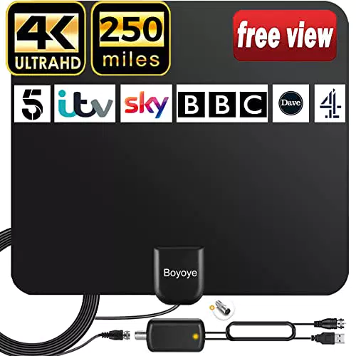 Antenna TV Digitale Interna con Amplificatore Segnale per 4K 1080p VHF UHF DVB-T/DVB-T 2 Canali Gratuiti