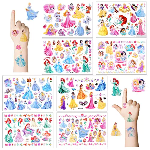 AOOWU Tatuaggi Temporanei per Bambini, 8 Fogli Principessa Tatuaggi Temporanei Set