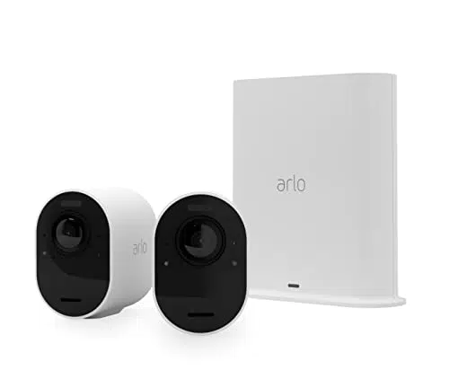 Arlo Ultra 2 Spotlight, 2 telecamere di videosorveglianza WiFi in 4K + base, con faro e allarme, Sensori movimento, audio, Visione 180° Diurna/Notturna, 90 giorni Arlo Secure inclusi, Bianco