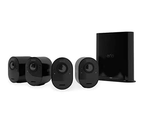 Arlo Ultra 2 Telecamera Wi-Fi Esterno Senza Fili + Base, 4K UHD, 180° Visione Notturna Colori, Sirena, Rilevamento Movimento, Audio Bidirezionale, 90 giorni Arlo Secure inclusi, 4 Telecamere, Nere