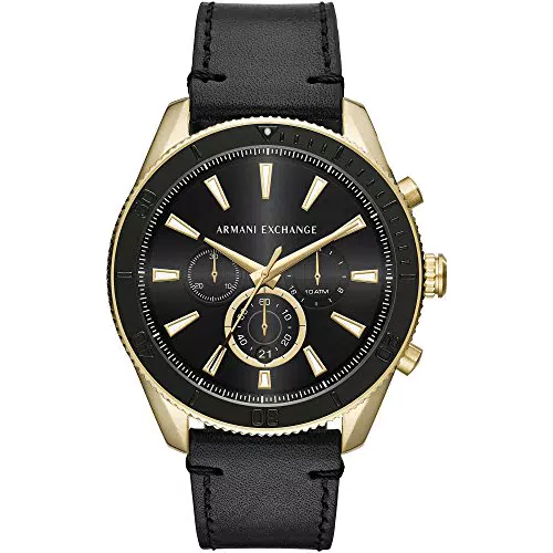 Armani Exchange Orologio cronografo al quarzo da uomo, cassa in acciaio inossidabile color oro da 46 mm con cinturino in pelle, AX1818