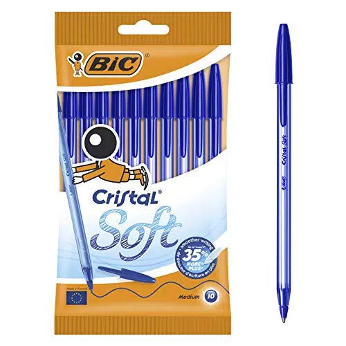 BIC Cristal Soft, Penne Blu a Sfera, Fornitura per Cancelleria Scuola, Confezione 10 Unità