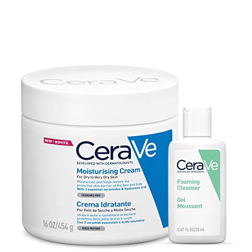 CeraVe Crema Idratante Viso e Corpo per Pelle Secca + Detergente Idratante Viso da Viaggio, Per Pelli da Normali a Secche